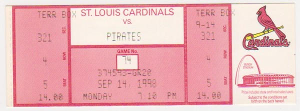 1998 Mark McGwire Home Run Record Breaking Season Cardinals/Pirates UNUSED Baseball Game Ticket - RARE