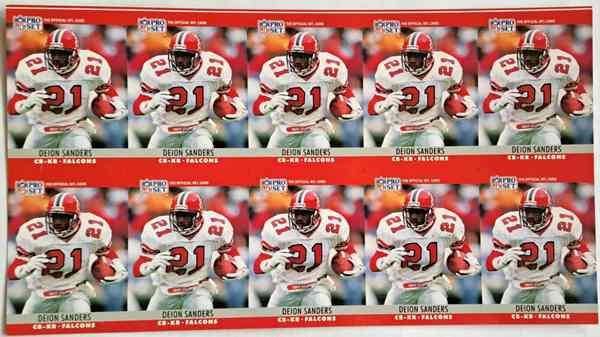 Uncut Sheet - 1990 Pro Set Deion Sanders #36 Ten Card Sheet