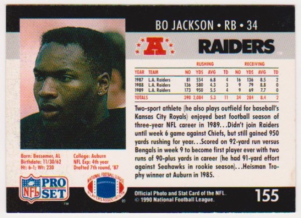 Wrong Front Error - Bo Jackson 1990 Pro Set Football Card