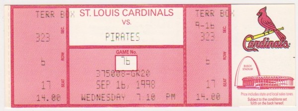 1998 Mark McGwire Home Run Record Breaking Season Cardinals/Pirates UNUSED Baseball Game Ticket - RARE