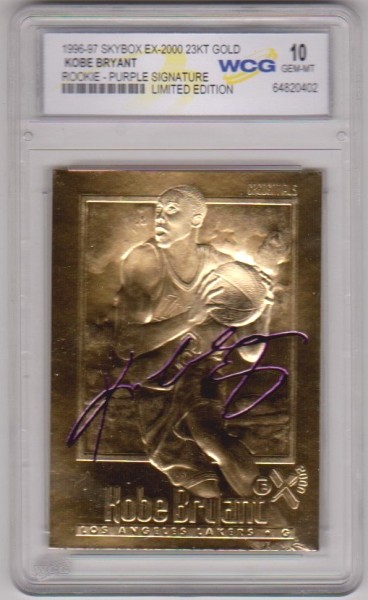Rookie Graded Gem Mint 10 - Kobe Bryant 1996-97 Skybox EX-2000 w/ Purple Signature 23 Kt Gold Card