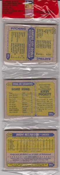 1987 Topps Baseball 49 Card Rack Pack w/ Kirby Puckett On Back