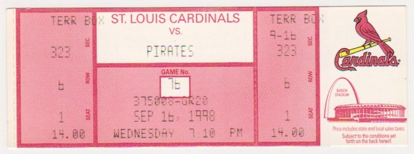 1998 Mark McGwire Home Run Record Breaking Season Cardinals/Pirates UNUSED Baseball Game Ticket - RARE