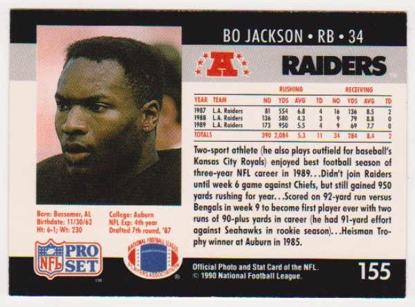 Wrong Front Error - Bo Jackson 1990 Pro Set Football Card
