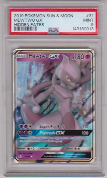 Graded PSA Mint 9 - Mewtwo GX 2019 Pokemon Sun & Moon Hidden Fates #31/68 Card