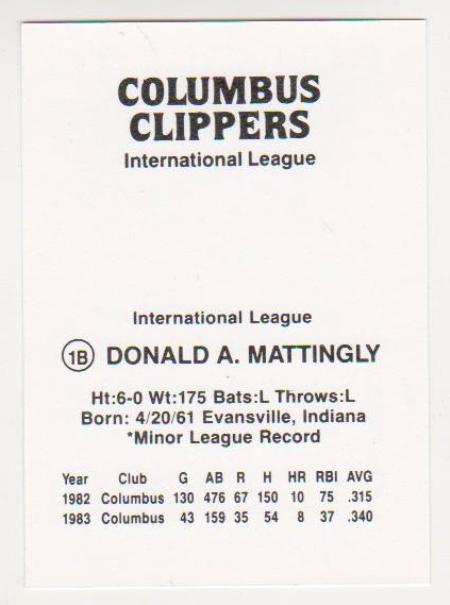 Columbus Clippers Police 1982 #19 Don Mattingly
