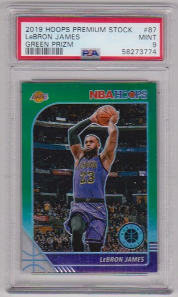 Graded PSA Mint 9 - Lebron James 2019-20 Hoops Premium Stock Green Prizm #87 Parallel Card