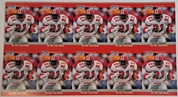 Uncut Sheet - 1990 Pro Set Deion Sanders #36 Ten Card Sheet