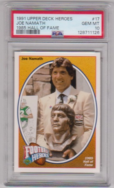 Graded PSA Gem Mint 10 - Joe Namath 1991 Upper Deck Football Heroes #17 Insert Card