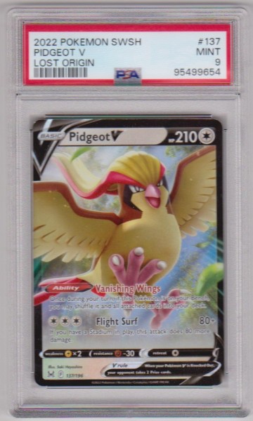 Graded PSA Mint 9 - Pidgeot V 2022 Pokemon Sword & Shield Lost Origin #137/196 Card
