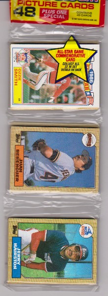 1987 Topps Baseball 49 Card Rack Pack w/ Ozzie Smith On Front