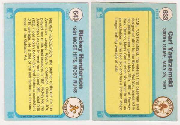 1982 Fleer Rickey Henderson #643 + Carl Yastrzemski #633 Card Pair ...
