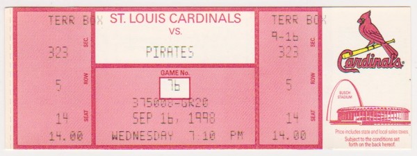 1998 Mark McGwire Home Run Record Breaking Season Cardinals/Pirates UNUSED Baseball Game Ticket - RARE