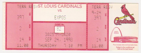 1998 Mark McGwire Home Run Record Breaking Season Cardinals/Expos UNUSED Baseball Game Ticket - RARE