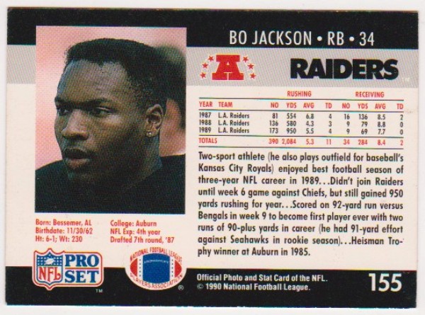 Wrong Front Error - Bo Jackson 1990 Pro Set Football Card
