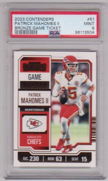 Graded PSA Mint 9 - Patrick Mahomes 2023 Panini Contenders Bronze Game Ticket #51 Card