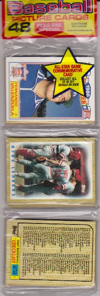 1987 Topps Baseball 49 Card Rack Pack w/ Fernando Valenzuela On Front