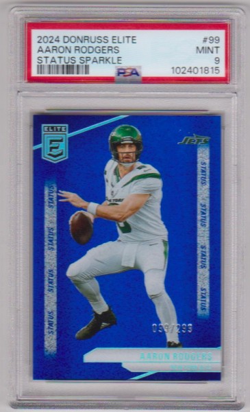 Graded PSA Mint 9 - Aaron Rodgers 2024 Donruss Elite Status Sparkle #99 Insert Card (#ed/299!)