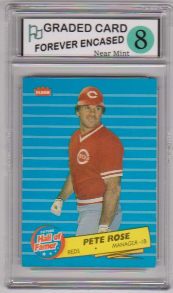 Labeled Near Mint 8 - Pete Rose 1986 Fleer Future Hall Of Famer #1 Card
