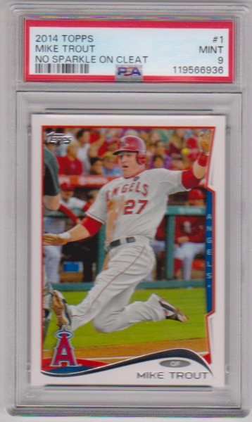 Graded PSA Mint 9 - Mike Trout 2014 Topps No Sparkle On Cleat #1 Card