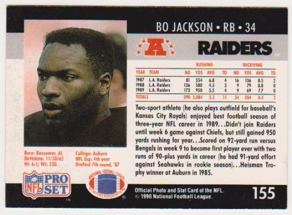 Wrong Front Error - Bo Jackson 1990 Pro Set Football Card