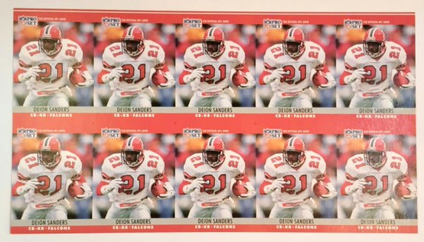 Uncut Sheet - 1990 Pro Set Deion Sanders #36 Ten Card Sheet