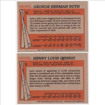 1987 Topps Nestle Babe Ruth #5 + Lou Gehrig #1 Card Pair - HOF'ers