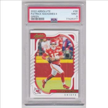 Graded PSA Mint 9 - Patrick Mahomes 2022 Panini Absolute Green Letter Parallel #38 Card