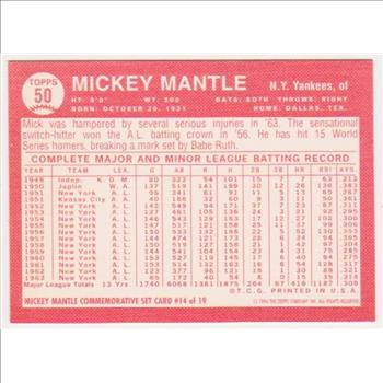 Mickey Mantle 1964 Topps #50 Commemorative Card - 1996 Topps #14 of 19 Insert Card