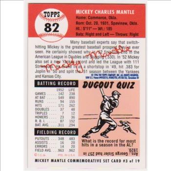 Mickey Mantle 1953 Topps Finest #82 Commemorative Card - 1996 Topps #3 of 19 Insert Card