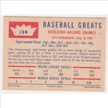 1960 Fleer Burleigh Grimes #59 Card - HOF'er