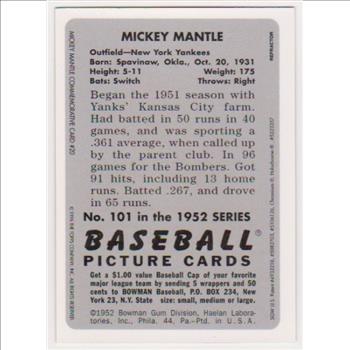 Refractor - 1996 Topps MICKEY MANTLE 1952 Bowman #20 Commemorative Insert Card