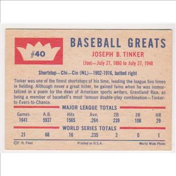 1960 Fleer Joe Tinker #40 Card - HOF'er