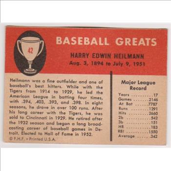 1961 Fleer Harry Heilmann #42 Card - HOF'er