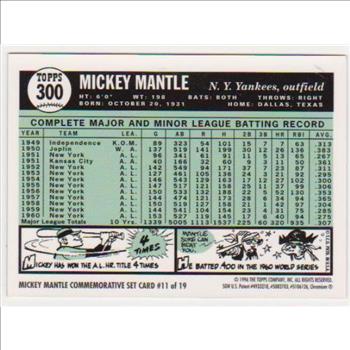 Mickey Mantle 1961 Topps Finest #300 Commemorative Card - 1996 Topps #11 of 19 Insert Card
