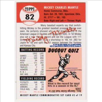 Mickey Mantle 1953 Topps Finest #82 Commemorative Card - 1996 Topps #3 of 19 Insert Card