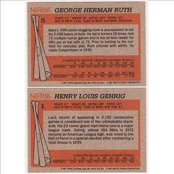 1987 Topps Nestle Babe Ruth #5 + Lou Gehrig #1 Card Pair - HOF'ers