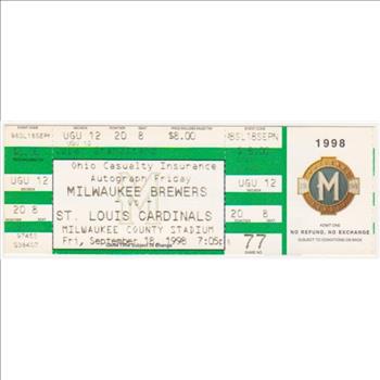 1998 Mark McGwire Home Run Record Breaking Season Cardinals/Brewers UNUSED Baseball Game Ticket - Home Run #64 Game!