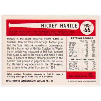 Mickey Mantle 1954 Bowman #65 Commemorative Card - 1996 Topps #4 of 19 Insert Card