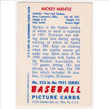 Mickey Mantle 1951 Bowman #253 Commemorative Card - 1996 Topps #1 of 19 Insert Card