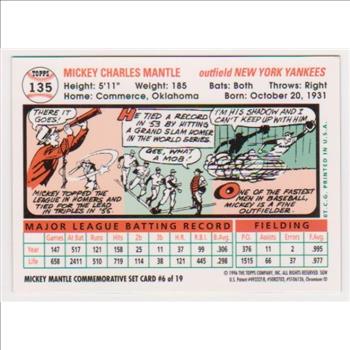 Mickey Mantle 1956 Topps #135 Commemorative Card - 1996 Topps Finest #6 of 19 Insert Card