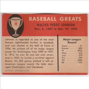 1961 Fleer Walter Johnson #49 Card - HOF'er