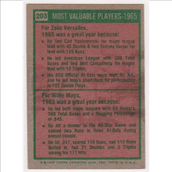 Vintage - 1975 Topps Willie Mays/Zoilo Versalles #203 Card