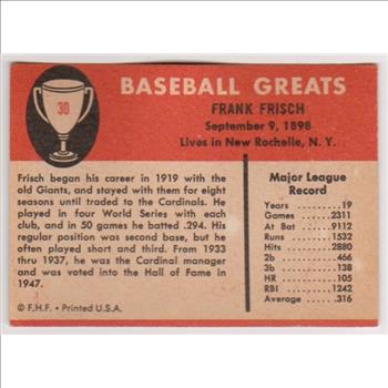 1961 Fleer Frankie Frisch #30 Card - HOF'er