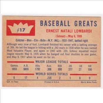 1960 Fleer Ernie Lombardi #17 Card - HOF'er