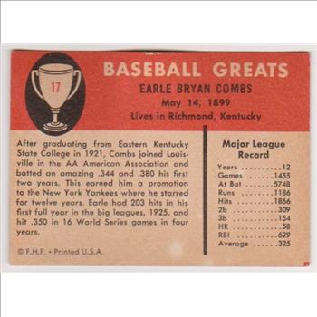 1961 Fleer Earle Combs #17 Card - HOF'er