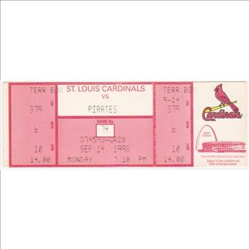 1998 Mark McGwire Home Run Record Breaking Season Cardinals/Pirates UNUSED Baseball Game Ticket - RARE