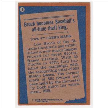 1978 Topps Lou Brock #1 Card - HOF'er