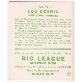 1933 Goudey Lou Gehrig #92 Reprint Card