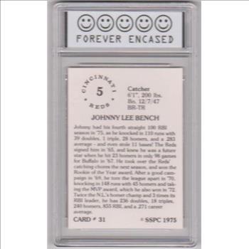 Graded Mint 9 - Johnny Bench 1975 SSPC #5 Card